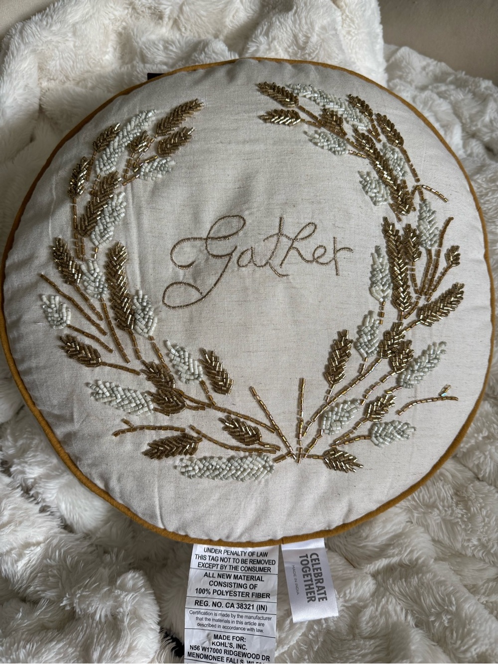 Gather Embroidered Round Throw Pillow, beautiful gold and cream metallic beading